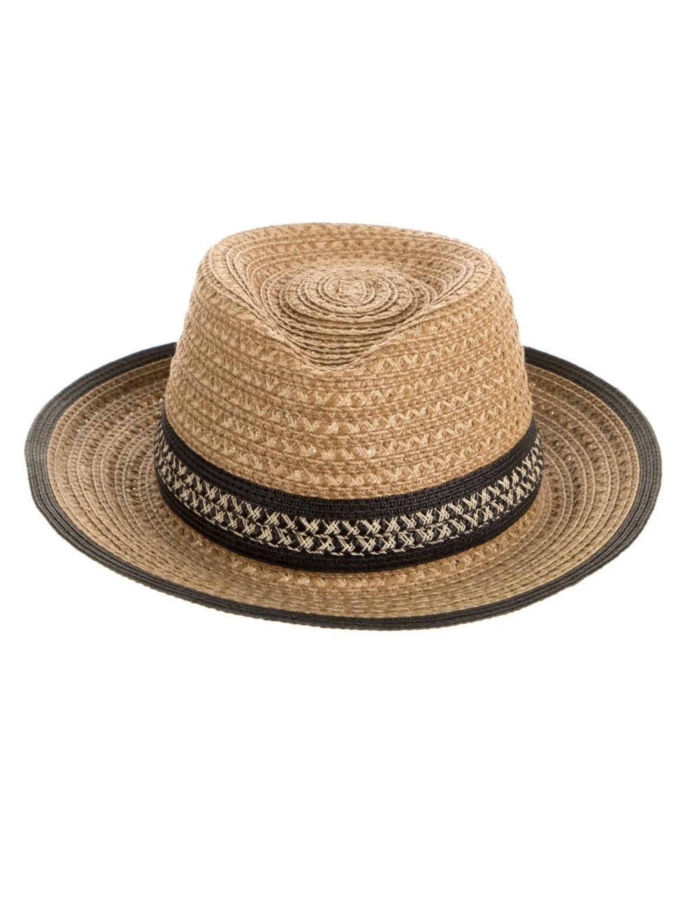 Eric Javits Tan Straw Fedora with Black Trim - Picture 2 of 4
